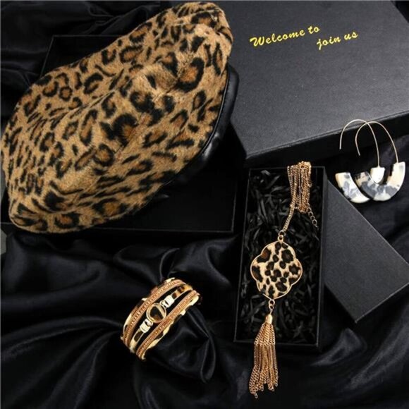 Chic Leopard Print Beret and Jewelry Set French Beret Earrings Bracelet Necklace - Picture 5 of 6